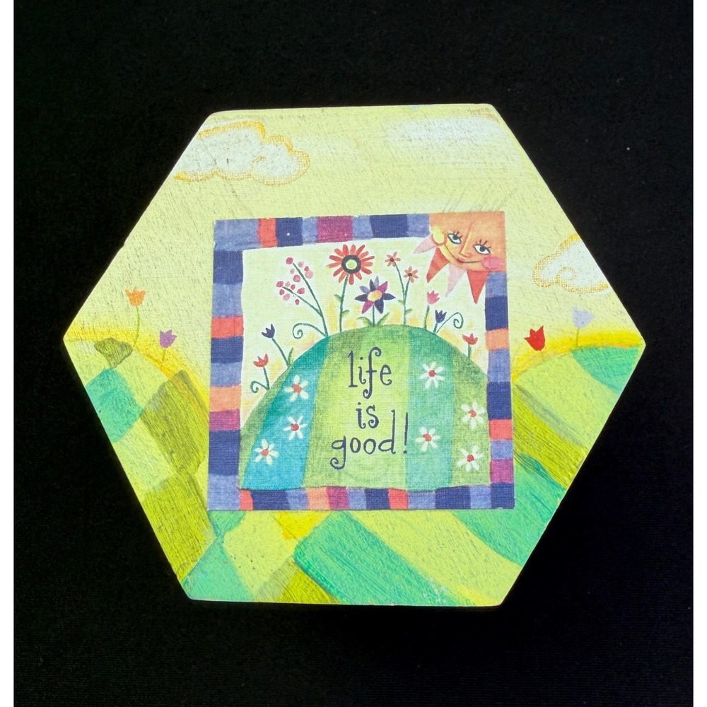 Natural Life is Good Wood Trinket Box Hexagon Yellow Floral Whimsical Decor - Picture 3 of 13